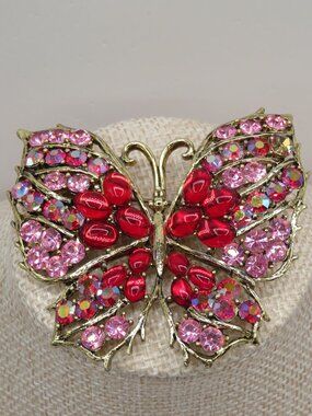 Vintage Weiss Pink Red Rhinestone Butterfly Brooch